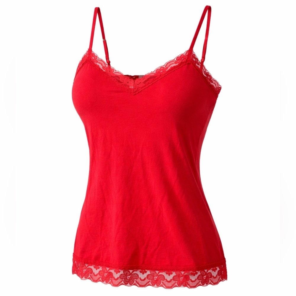 Red Lace Trim Tank Top with Padded Cups